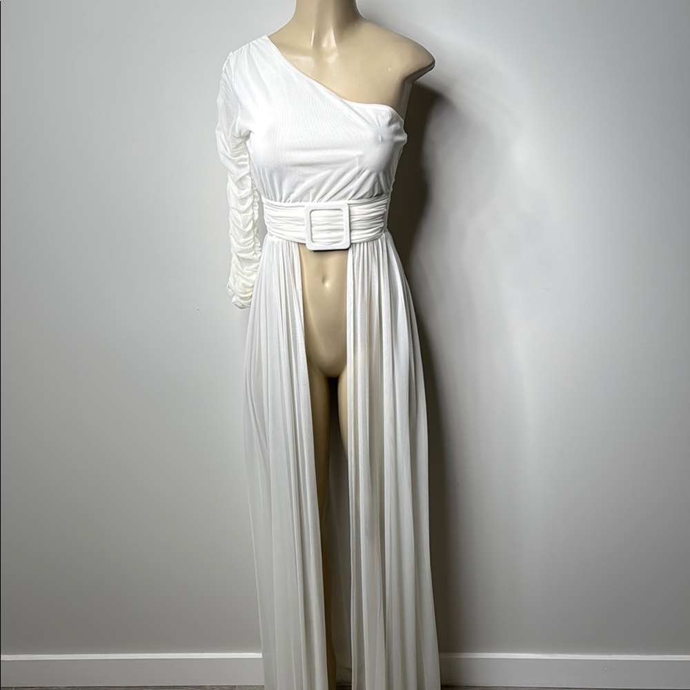 A3 Design White One-Shoulder Ruched Top